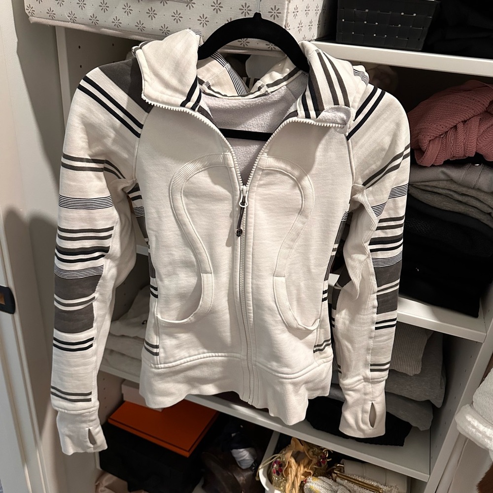 lululemon athletica White Hoodie with Black and Gray Stripes Size 2 - Picture 2 of 6